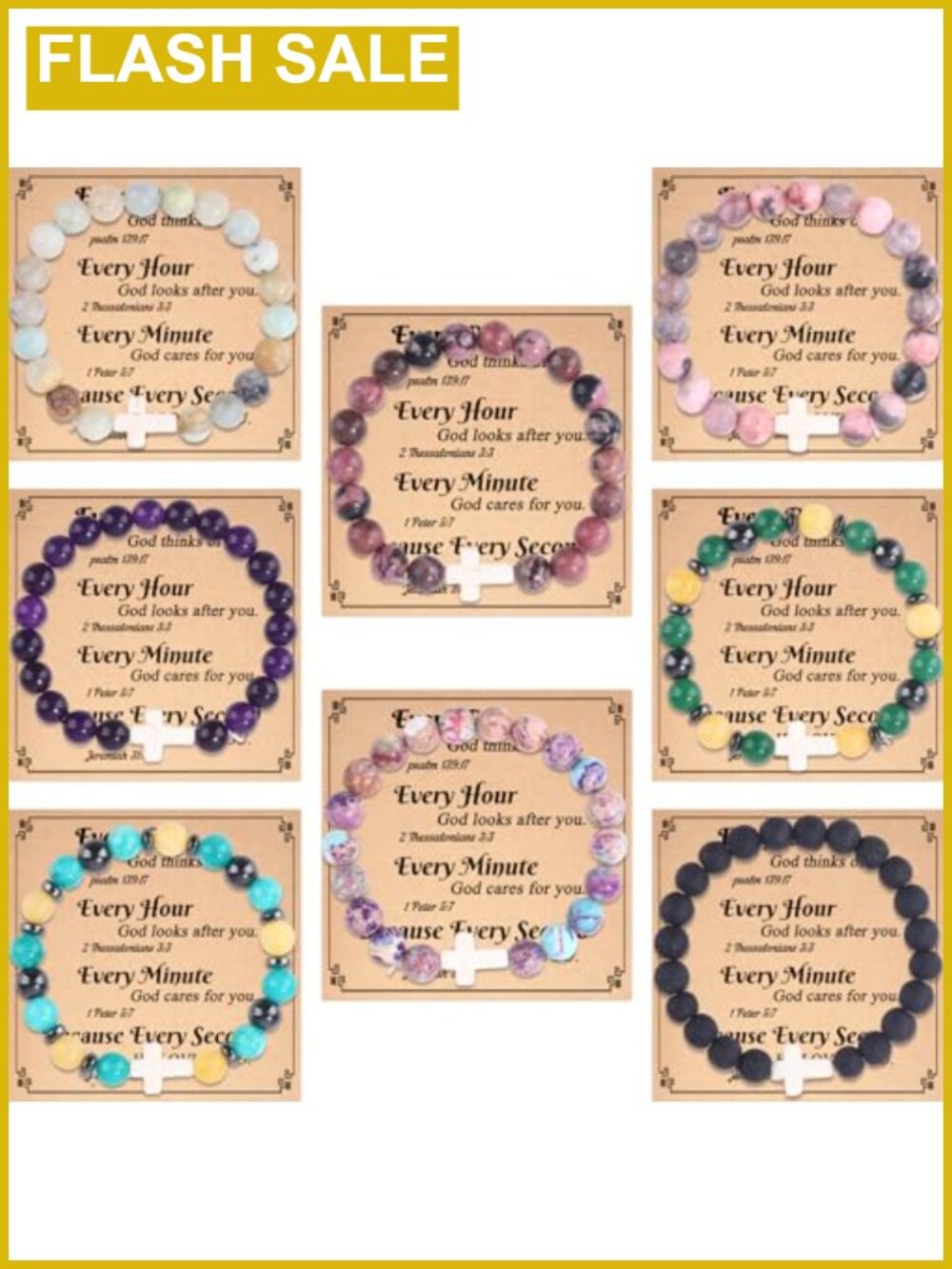 8Pc Cross Beaded Stretch Bracelet Set Natural Stone Faith Jewelry